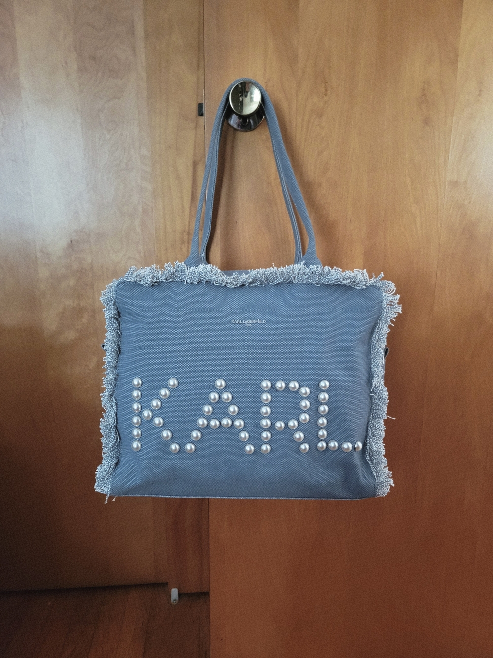 Karl Lagerfeld Paris Margot Fringe Denim Canvas Pearl Tote Bag Like New